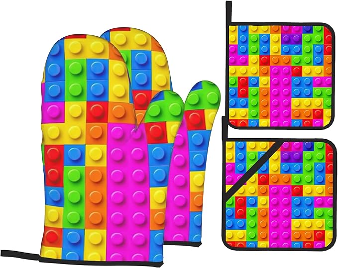 Autism Jigsaw Puzzle Oven Mitts & Potholder Set of 4 - Heat Resistant Kitchen Gloves Hot Pads for Baking, Cooking, Gifts for Women