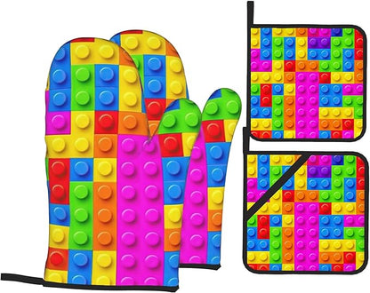 Autism Jigsaw Puzzle Oven Mitts & Potholder Set of 4 - Heat Resistant Kitchen Gloves Hot Pads for Baking, Cooking, Gifts for Women