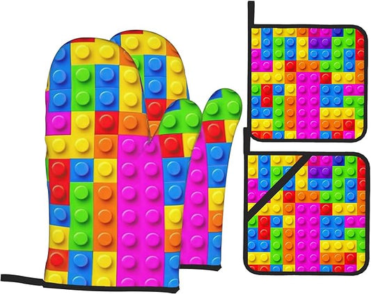 Autism Jigsaw Puzzle Oven Mitts & Potholder Set of 4 - Heat Resistant Kitchen Gloves Hot Pads for Baking, Cooking, Gifts for Women