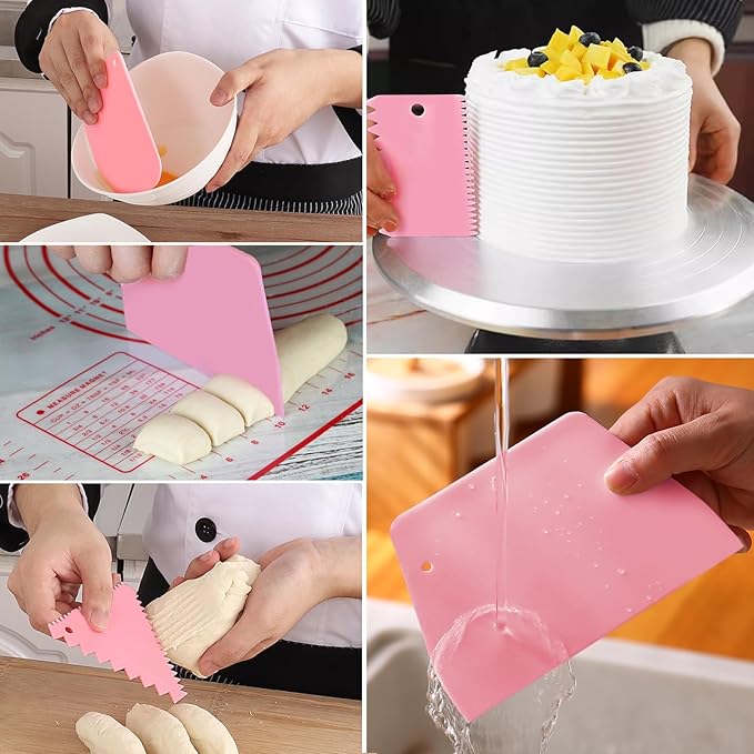 12 Pcs Adjustable Cake Smoother Set, Plastic Cake Decorating Tools Comb and Dough Scrapers for Baking Pastries (Pink) - Image 5