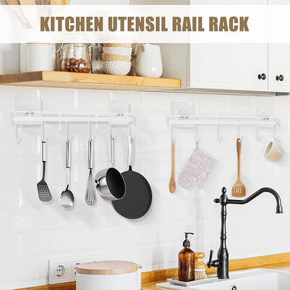 Kitchen Utensil Hanger, Adhesive Utensil Holder Wall Mount Kitchen Rack Rail with 12 Hooks, Space Saving and No Drilling, White, 2 Pcs - Image 2