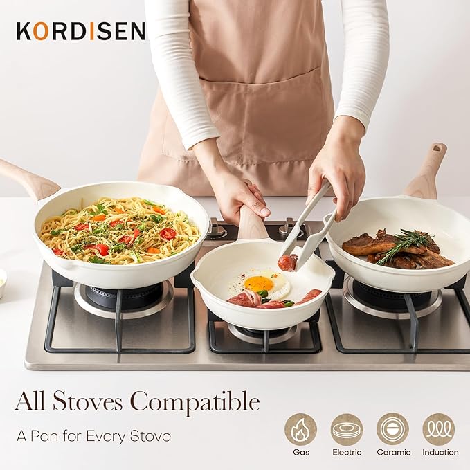 Kordisen Nonstick Ceramic Frying Pan Set, 3 Piece Ceramic Skillet Set, Healthy Non Toxic Cooking Pan, Stay-Cool Handle, Induction Compatible, PFOA & PFAS Free, White(9.5, 11, 12.5 Inch) - Image 5