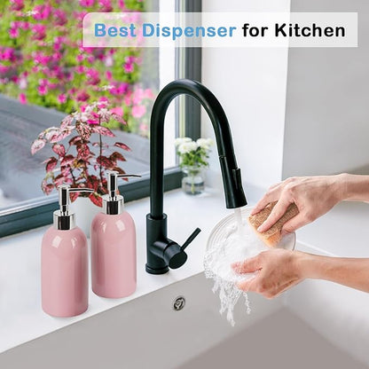 Natheeph 14OZ Ceramic Soap Dispenser Ceramic Soap Pump Dispenser Can Fill Liquid for Bathroom/Kitchen (2PC Pink) - Image 4