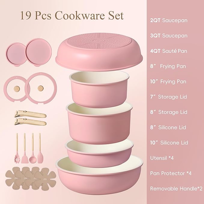 CAROTE Pots and Pans Set, Nonstick Cookware Set Detachable Handle, 19pcs Induction Kitchen Cookware Sets Non Stick with Removable Handle, RV Cookware Set, Oven Safe, Pink - Image 2