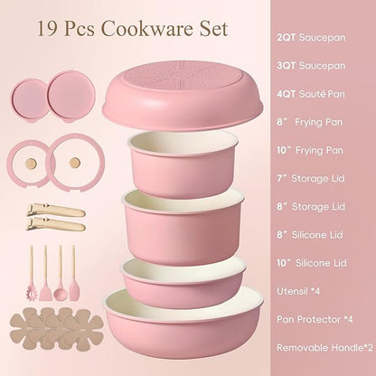 CAROTE Pots and Pans Set, Nonstick Cookware Set Detachable Handle, 19pcs Induction Kitchen Cookware Sets Non Stick with Removable Handle, RV Cookware Set, Oven Safe, Pink - Image 2