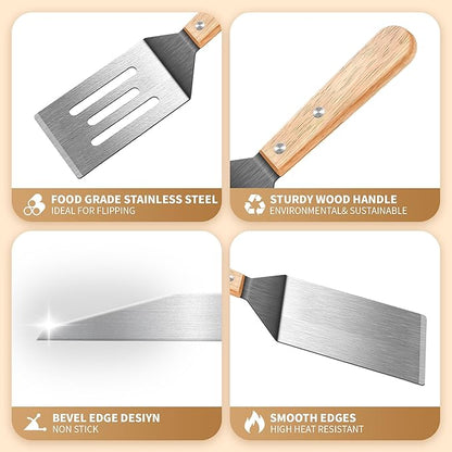 Stainless Steel Spatula Set, Metal Spatula for Cast Iron Skillet, Metal Spatulas for Kitchen Use with Wooden Handle, Ideal for Frying Steak, Pancake, Cookie, Burger, Brownie or Desserts - Image 2