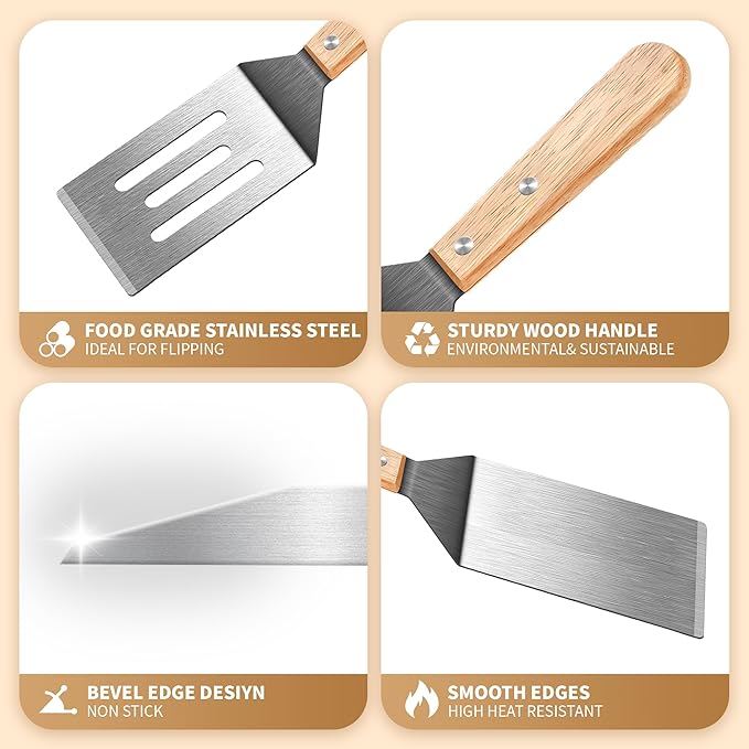 Stainless Steel Spatula Set, 2 Pieces Metal Spatula for Cast Iron Skillet, Metal Spatulas for Kitchen Use with Wooden Handle, Ideal for Frying Steak, Pancake, Cookie, Burger, Brownie or Desserts - Image 2