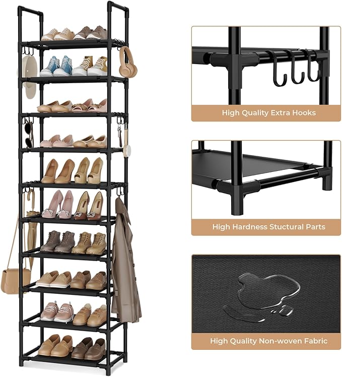 VTRIN 10 Tiers Tall Shoe Rack Holds 20-25 Pairs of Shoes Sturdy Vertical Shoe Organizer with 18pcs Hooks Stackable Narrow Shoe Rack for Closet, Entryway Black - Image 4