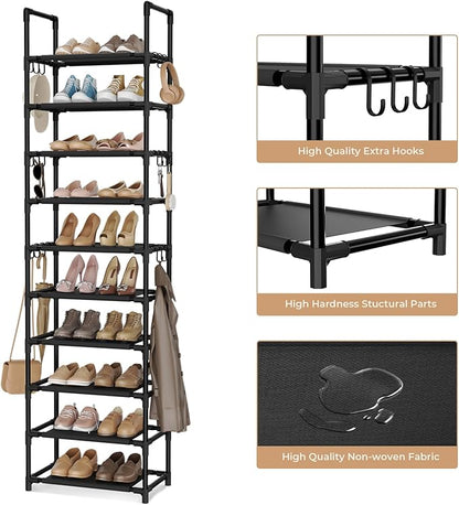 VTRIN 10 Tiers Tall Shoe Rack Holds 20-25 Pairs of Shoes Sturdy Vertical Shoe Organizer with 18pcs Hooks Stackable Narrow Shoe Rack for Closet, Entryway Black - Image 4