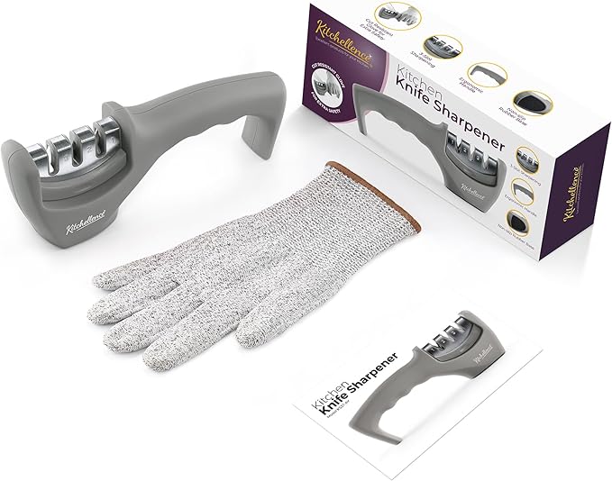4-in-1 Kitchen Knife Accessories: 3-Stage Knife Sharpener Helps Repair, Restore and Polish Blades and Cut-Resistant Glove - Image 4
