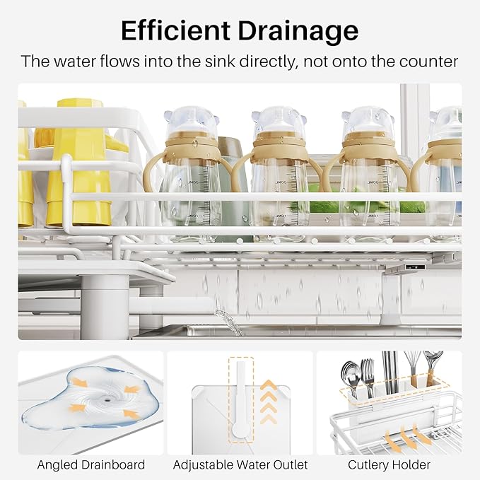 SNTD Dish Drying Rack - Extendable Dish Rack, Large Sink Drying Dish Drainer for Kitchen Counter, Stainless Steel Dish Strainer with Utensil Holder (White) - Image 6