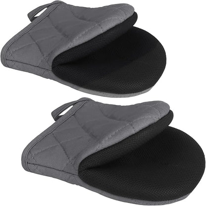 1 Pair Short Oven Mitts - Silicone Kitchen Oven Gloves High Heat Resistant 500℉, Mini Oven Mits with Non-Slip Grip Surfaces and Hanging Loop for BBQ, Baking, Cooking and Grilling (Solid Gray) by Qulable