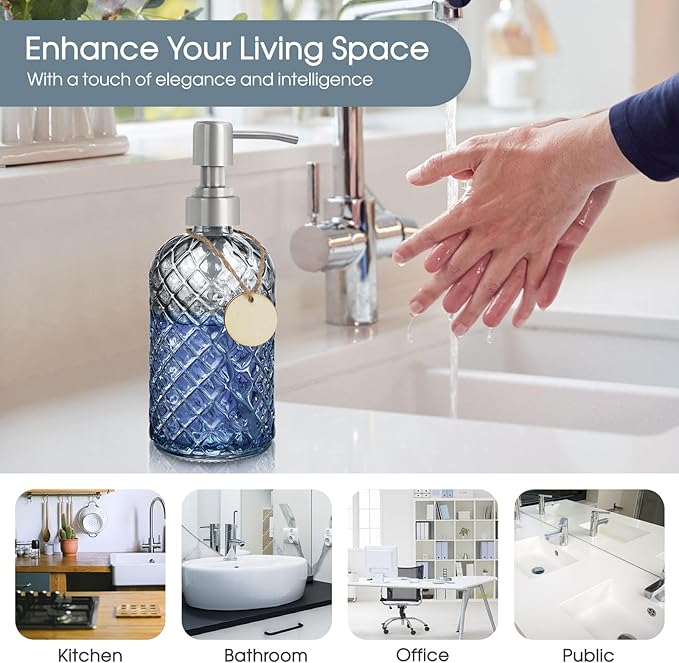 Gem-Patterned Glass Soap Dispenser with Rust Proof Stainless Steel Pump-13 oz Liquid Hand Soap Dispenser for Kitchen & Bathroom,Great for Lotions, Essential Oil, Liquid Soaps-Gray - Image 5