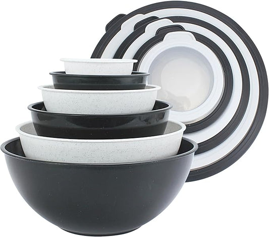 COOK WITH COLOR Mixing Bowls with TPR Lids - 12 Piece Plastic Nesting Bowls Set includes 6 Prep Bowls and 6 Lids, Microwave Safe Mixing Bowl Set (Black and White) by CookwithColor
