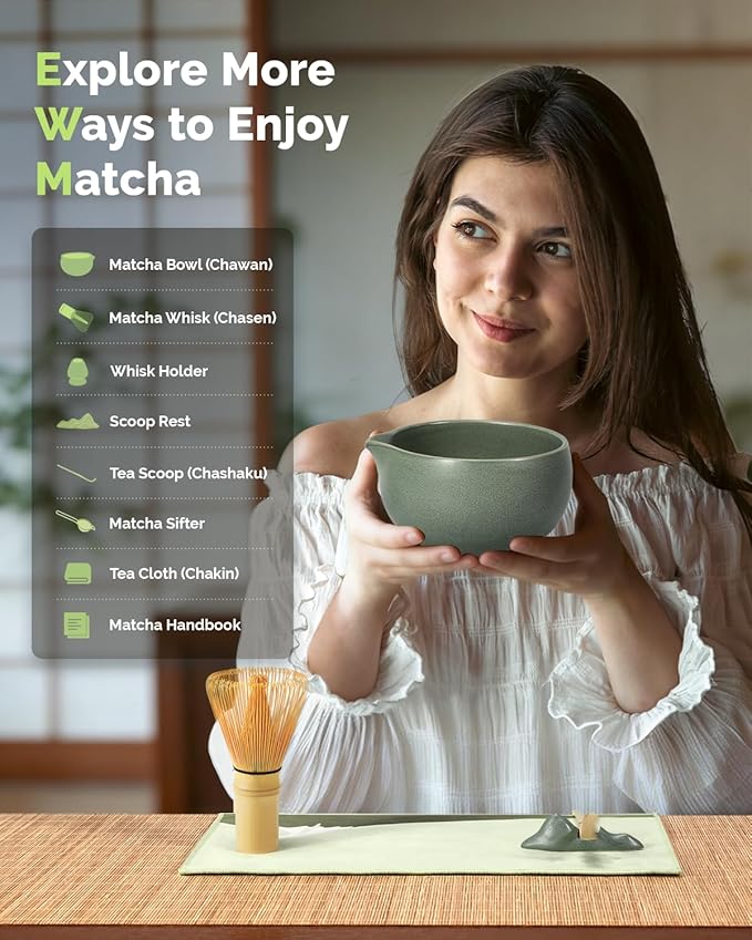 Maestri House Matcha Whisk Set, 7-Pc Complete Matcha Kit with Spouted Ceramic Bowl, Bamboo Whisk and Holder, Scoop, Spoon Rest & Sifter, Tea Cloth – Ideal Gift for Matcha Lovers (Moss-Green) - Image 3