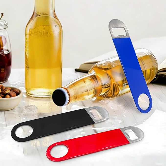 KTOJOY 3 Pack Bottle Openers,Beer Bottle Openers, Speed Openers, Stainless Steel Flat Bottle Opener with Exquisite Packaging, for Kitchen, Bar or Restaurant 7 inches Red, Black, Blue - Image 5