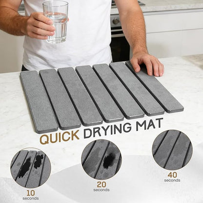 Stone Drying Mat, HQAUT Quick Dry Dish Drying Mat for Counter, Foldable Diatomaceous Earth Mat with Sanding Tool and Anti-Slip Pad, Fast Drying Stone Pad for Dishes and Glassware