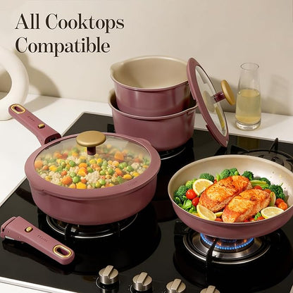 CAROTE 26 Pcs Pots and Pans Set, Nonstick Cookware Sets with Detachable Handle, Titanium Reinforced, Oven Safe, Cookware Non Stick Cooking Set w/Frying Pans & Saucepans Red(PFOS, PFOA Free) - Image 7