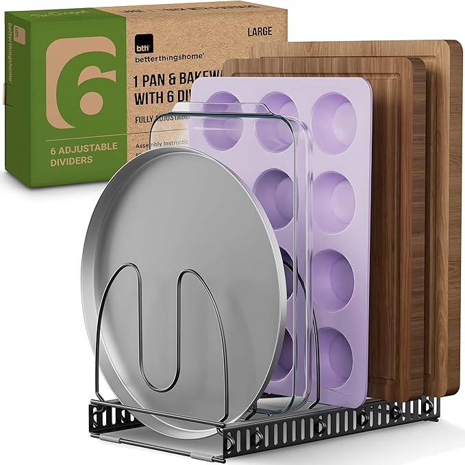 Better Things Home 7.5” Wide 6-Slot Adjustable Large Pan and Pot Lid Organizer with Scratch-Free Pads, Single Large Rack with 6 Adjustable Dividers, Cutting Boards, Baking Sheet, Inside Cabinet by BetterThingsHome