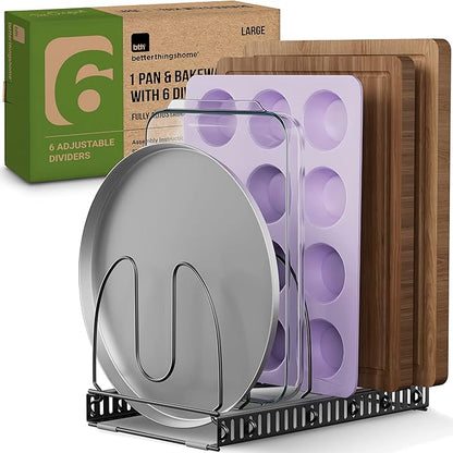 Better Things Home 7.5” Wide 6-Slot Adjustable Large Pan and Pot Lid Organizer with Scratch-Free Pads, Single Large Rack with 6 Adjustable Dividers, Cutting Boards, Baking Sheet, Inside Cabinet by BetterThingsHome