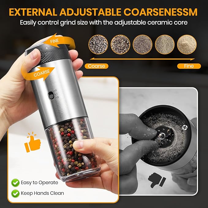 Rechargeable Gravity Electric Salt Grinder Set with Variable Grinding Speed, External Adjustable Coarseness,Charging Base and White LED Light,Stainless Steel - Image 5