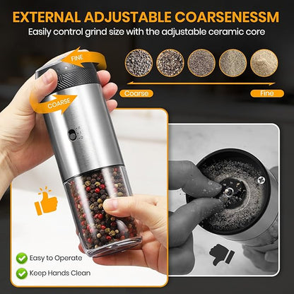 Rechargeable Gravity Electric Salt Grinder Set with Variable Grinding Speed, External Adjustable Coarseness,Charging Base and White LED Light,Stainless Steel - Image 5