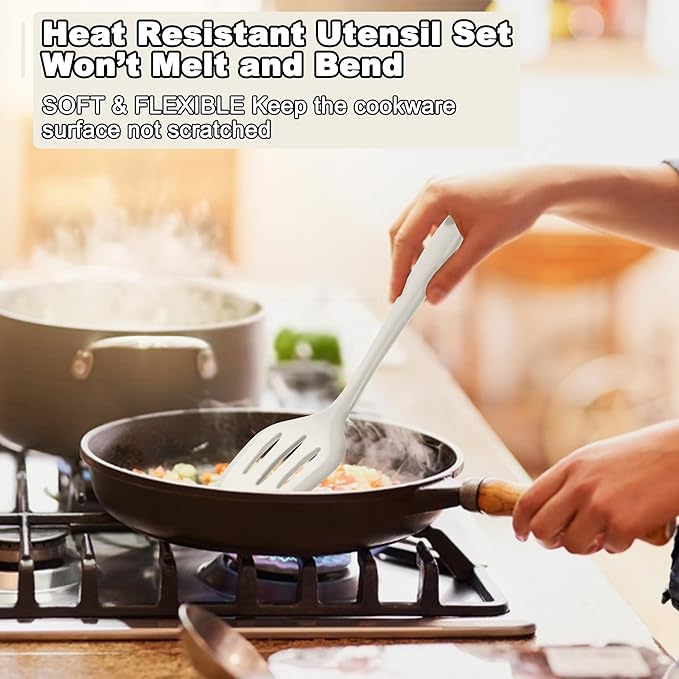 E-far 10 Pieces Silicone Cooking Utensils Set, Heat Resistant Kitchen Utensil Set for Nonstick Cookware, Kitchen Cooking Tools with Spatula, Spoon, Slotted Turner, Non-Toxic & Dishwasher Safe (White) - Image 5
