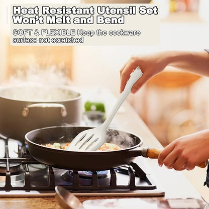 E-far 10 Pieces Silicone Cooking Utensils Set, Heat Resistant Kitchen Utensil Set for Nonstick Cookware, Kitchen Cooking Tools with Spatula, Spoon, Slotted Turner, Non-Toxic & Dishwasher Safe (White) - Image 5