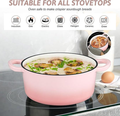 TeamFar Enameled Cast Iron Dutch Oven - 3QT Small Dutch Oven Pot with Lid - Heavy Duty Cast Iron Pot Cookware for Bread Baking, Braising, Stewing, Roasting, Pink - Image 4