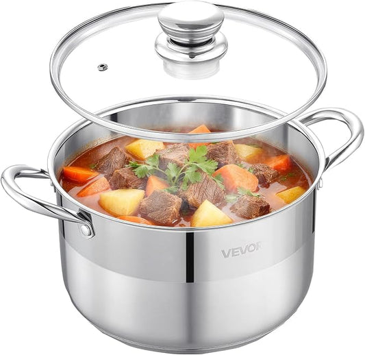 VEVOR Stainless Steel Stock Pot, 8QT Stainless Steel Stockpot with Glass Lid, PFOA-Free, PFAS-Free, Compatible with Gas Stoves, Induction Cooktops, Electric Stoves, for Soups, Stews, and Pasta by VEVOR