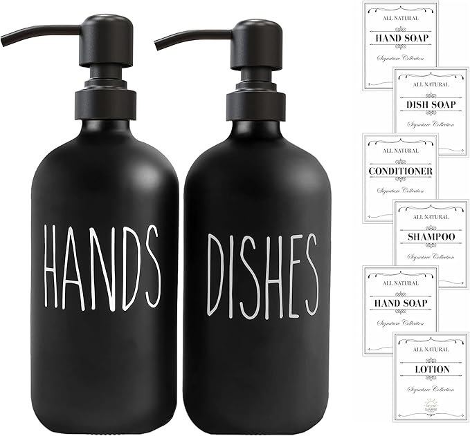 Sunrise Premium 16 OZ Thick Black Glass Soap Dispenser, Matte Black Stainless Steel Pump 2 Pack, Hand and Dish Soap Dispenser Set for Bathroom with 6 Waterproof Labels - Image 7