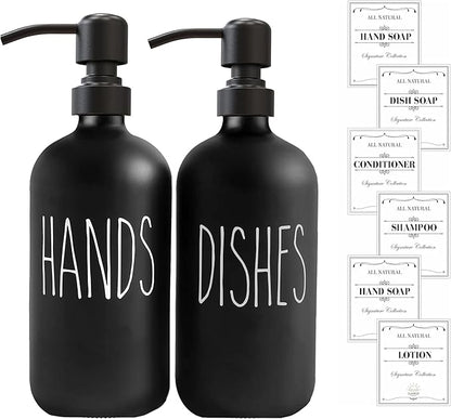 Sunrise Premium 16 OZ Thick Black Glass Soap Dispenser, Matte Black Stainless Steel Pump 2 Pack, Hand and Dish Soap Dispenser Set for Bathroom with 6 Waterproof Labels - Image 7