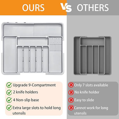 Silverware Drawer Organizer for Kitchen, Adjustable Utensil Drawer Organizer with 2 Knife Block, BPA Free Flatware and Cutlery Holder, Expandable Plastic Storage for Spoons Forks Knives(Grey) - Image 3