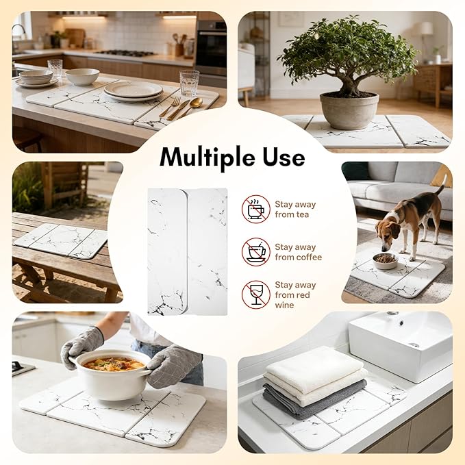 Stone Drying Mat for Kitchen Counter，Foldable Quick-Dry Dish Drying Mat，Water-Absorbent Marble Diatomaceous Earth Mats for Dishes, Cups & Bottles on Any Countertop(20"x16")