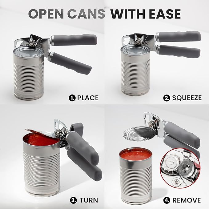 Zulay Kitchen Heavy Duty Stainless Steel Can Opener Manual with Bottle Opener - Rust Proof Manual Can Opener With Turn Knob & Comfy Soft Grip Handles - Gray - Image 6