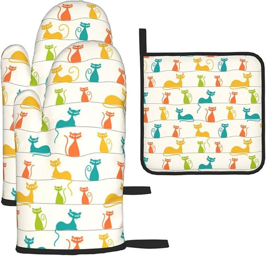 Mid Century Modern Cats Oven Mitts and Pot Holders Set Heat Resistant Cute Oven Gloves for BBQ Baking Grilling Cooks Kitchen Decor 3 Piece by Unknown