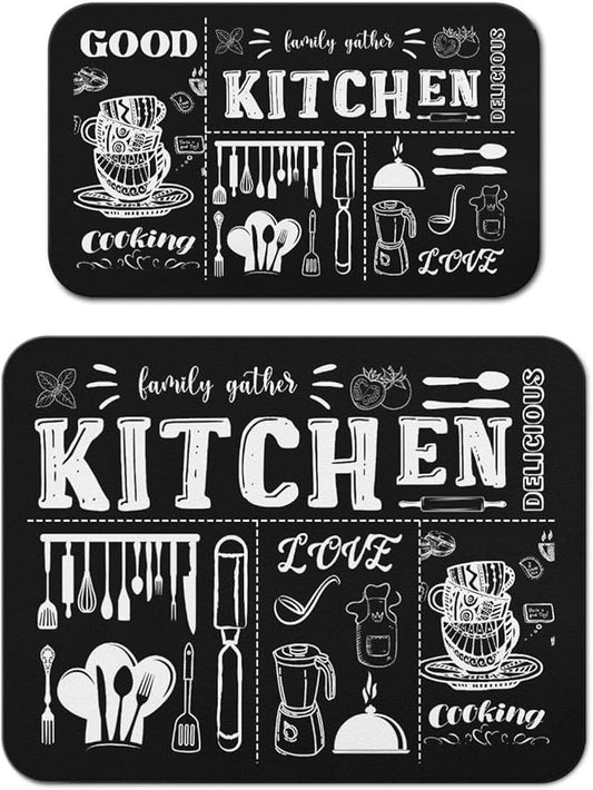 Dish Drying Mat for Kitchen Counter 2 Pack with Non-Slip Rubber Backing - Heat-Resistant Absorbent Coffee Bar Mat, Dish Rack Mat, Black Kitchen Dish Drying Mats 18x24+19.5x12 inch