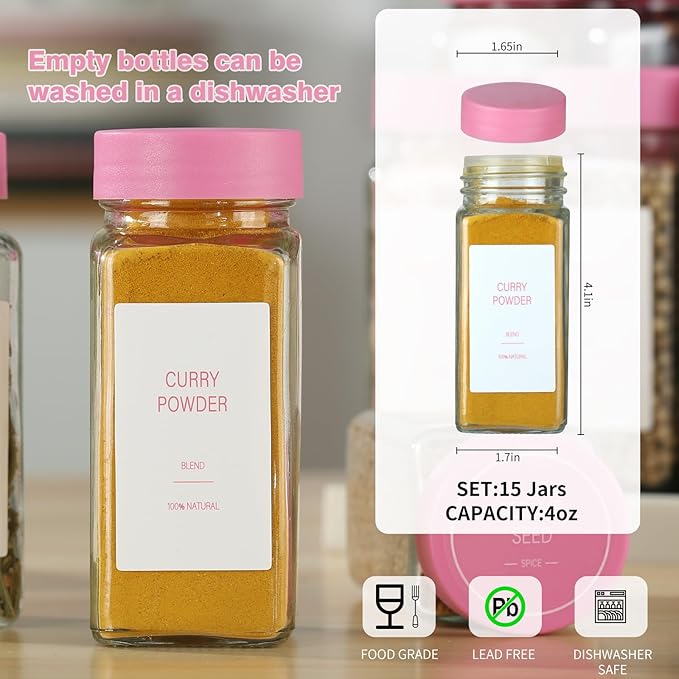 Pink Spice Jars with Label，4oz Seasoning Containers, Glass Spice Bottles with Shaker Lids,Funnel, Chalk Pen (Pink, 48) - Image 4