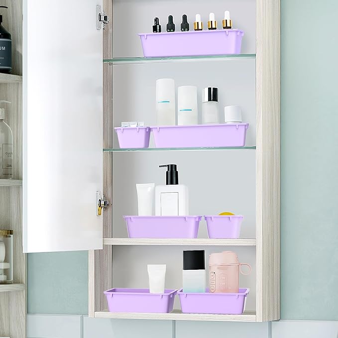 WOWBOX 25 PCS Plastic Drawer Organizer Set, 4 Sizes Desk Drawer Divider Organizers and Storage Bins for Makeup, Jewelry, Gadgets for Kitchen, Bedroom, Bathroom, Office, Purple - Image 6