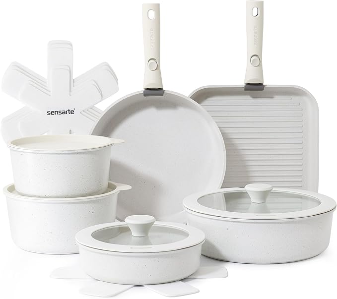 SENSARTE 17 Piece Pots and Pans Set, Nonstick Detachable Handle Cookware Set, Induction Kitchen Cookware Set with Removable Handle, Healthy Non Stick for RV, Dishwasher ＆ Oven Safe, PFOA Free (White) by SENSARTE