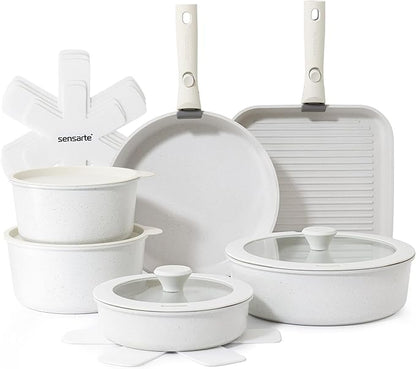 SENSARTE 17 Piece Pots and Pans Set, Nonstick Detachable Handle Cookware Set, Induction Kitchen Cookware Set with Removable Handle, Healthy Non Stick for RV, Dishwasher ＆ Oven Safe, PFOA Free (White) by SENSARTE