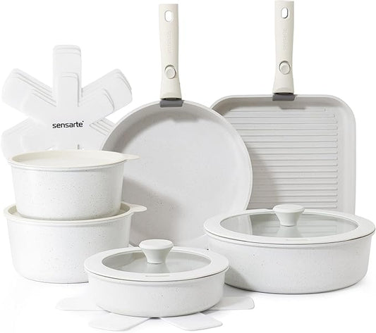 SENSARTE 17 Piece Pots and Pans Set, Nonstick Detachable Handle Cookware Set, Induction Kitchen Cookware Set with Removable Handle, Healthy Non Stick for RV, Dishwasher ＆ Oven Safe, PFOA Free (White) by SENSARTE