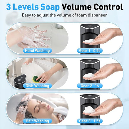 Fantictas Automatic Soap Dispenser,Touchless Hand Wall Mount Rechargeable 3 Gear Adjustable Electric Soap Dispenser 350ml with Infrared Motion Sensor for Bathroom,Kitchen,Office, Black Foam