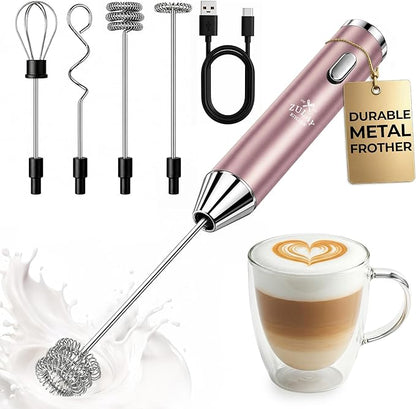 Zulay Kitchen Metal Rechargeable Milk Frother, 3 Whisk Attachments Handheld Frother Wand, 1800mAh USB-C Charging, Electric Drink Mixer for Protein, Matcha & Powders - One Charge Lasts up to 6 Months by ZulayKitchen