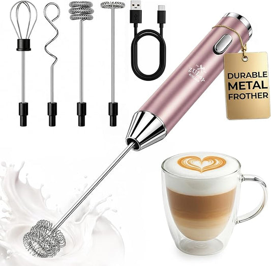 Zulay Kitchen Metal Rechargeable Milk Frother, 3 Whisk Attachments Handheld Frother Wand, 1800mAh USB-C Charging, Electric Drink Mixer for Protein, Matcha & Powders - One Charge Lasts up to 6 Months by ZulayKitchen