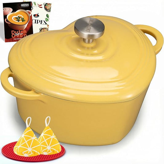 Overmont Enameled Cast Iron Dutch Oven - Heart-Shaped Pot with Lid Cookbook & Cotton Pot Holders - Mini Cookware Oven Safe to 500°F for Sourdough Baking Soups Stews - Great Gift for Wedding Birthday Housewarming 2QT Yellow