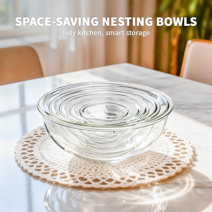 Luvan Glass Mixing Bowl with Lids Set of 5(0.2QT, 0.5QT, 1.1QT, 2.1QT, 3.75 QT), Space-Saving Nesting Bowls Anti-slip Salad Bowls for Storage, Cooking, Microwave,Freezer,Oven and Dishwasher Safe - Image 7