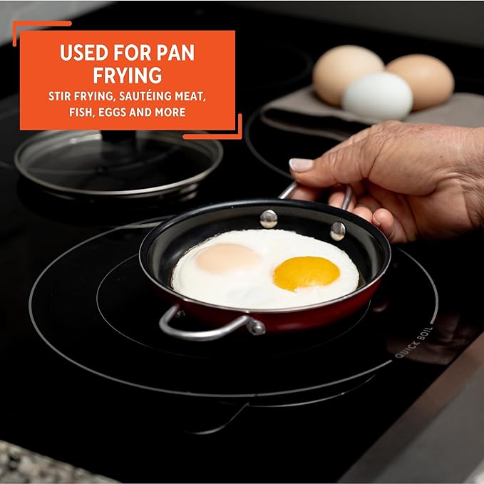 IMUSA Mini Fry Pan 5.8” Nonstick Skillet, Caribbean Red Ceramic Egg Pan with Glass Lid, Small Aluminum Cookware for Single Servings, PFAS Free
