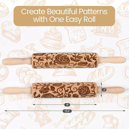 Floral Rose Embossed Rolling Pin for Baking Cookies Embossing Rolling Pins with Design Wooden Engraved Springerle Shortbread Roller Pin Flower Patterned Clay Pottery Ceramic Stamp Mold Bakers Women