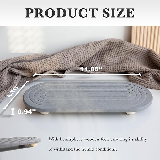 Instant Dry Sink Caddy Organizer – Water Absorbing Stone Tray for Kitchen Bathroom Countertop, Fast Drying Sink Caddy (with Wooden Feet and Natural Loofah, Gray) - Image 6